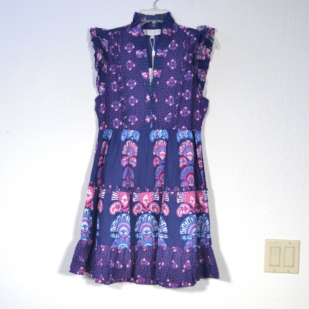 Caroline Constas Navy Blue Dress with Pink & Purple Print